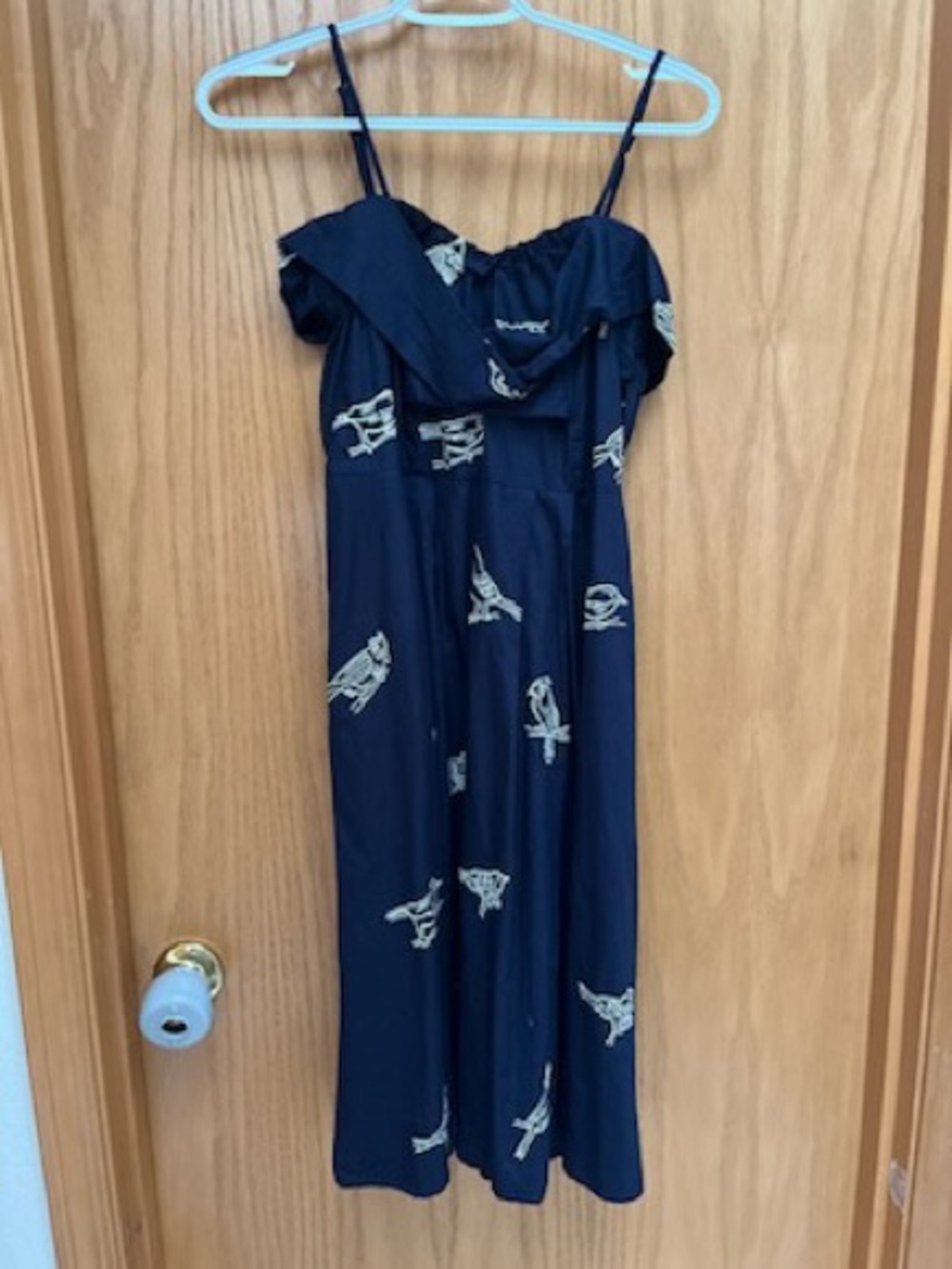 eshakti Navy Midi Dress with Cream Bird Print